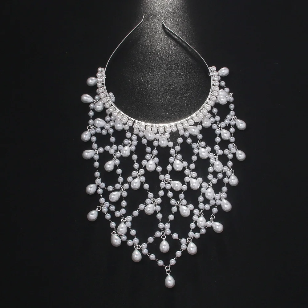 Vintage Bohemian Grid Pearl Headband Chain Hat Bridal Jewelry Tiara Headwear