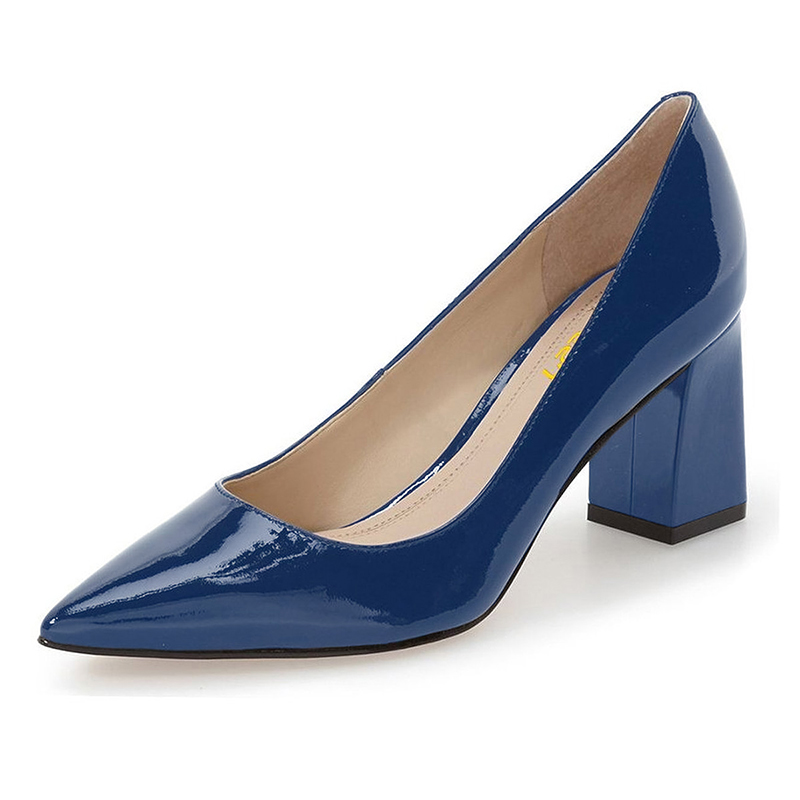 TAAFO Navy Patent Leather Pointed Toe Block Heels 