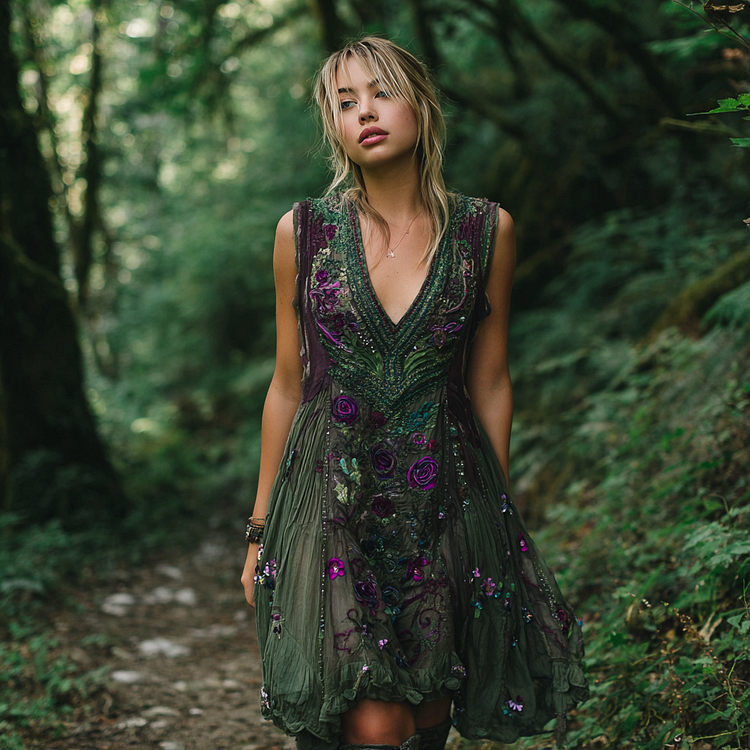 Vintage Purple Rose Embroidery Linen V Neck Sleeveless Dress