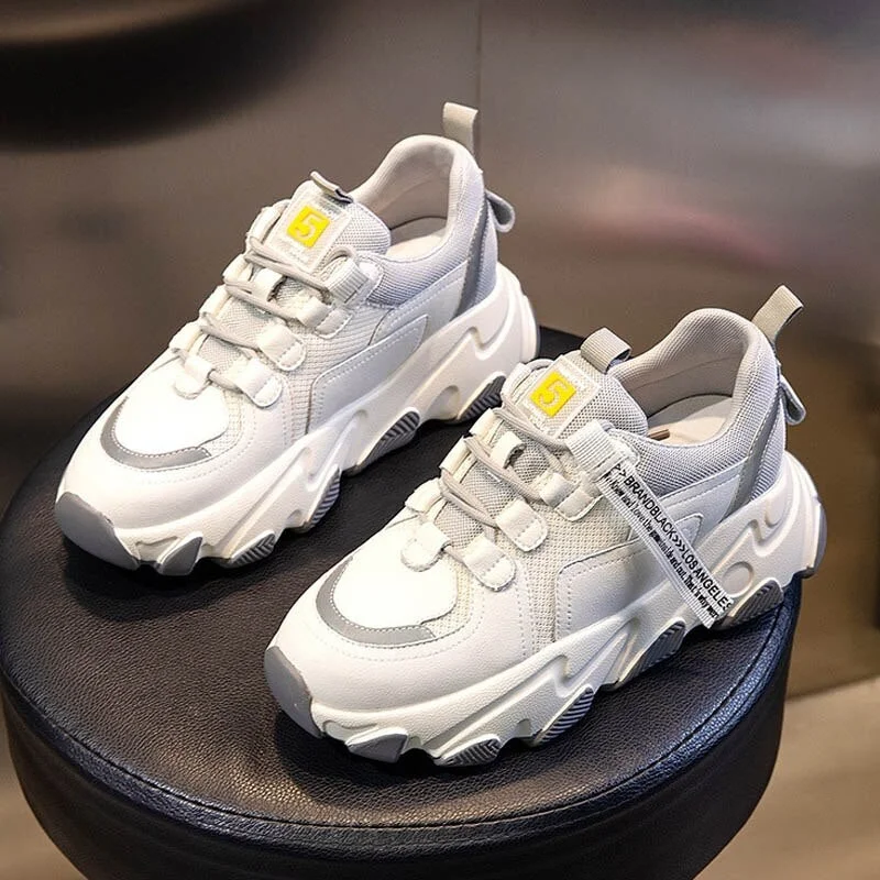 CXJYWMJL Spring Genuine Leather Women Platform Sneakers Ladies Breathable Mesh Casual Shoes Autumn Thick Bottom Vulcanized Shoes