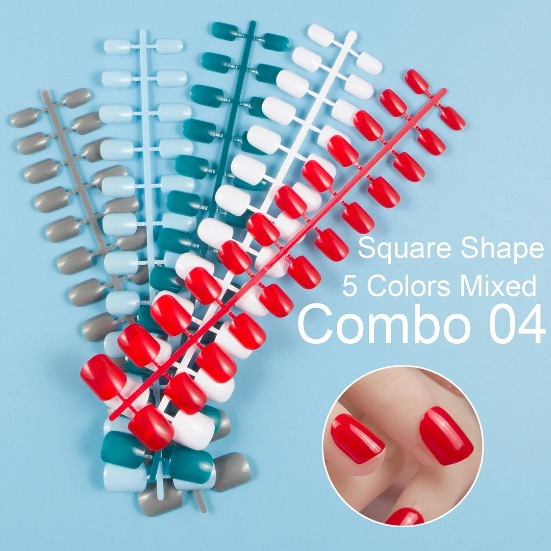 24 Pieces/Set, 5 Sets Mixed Colors Short Square False Nail Tips Press on Fake Nail Tips 10 Sizes Full Cover Nails Combo 09-Nail Inspo