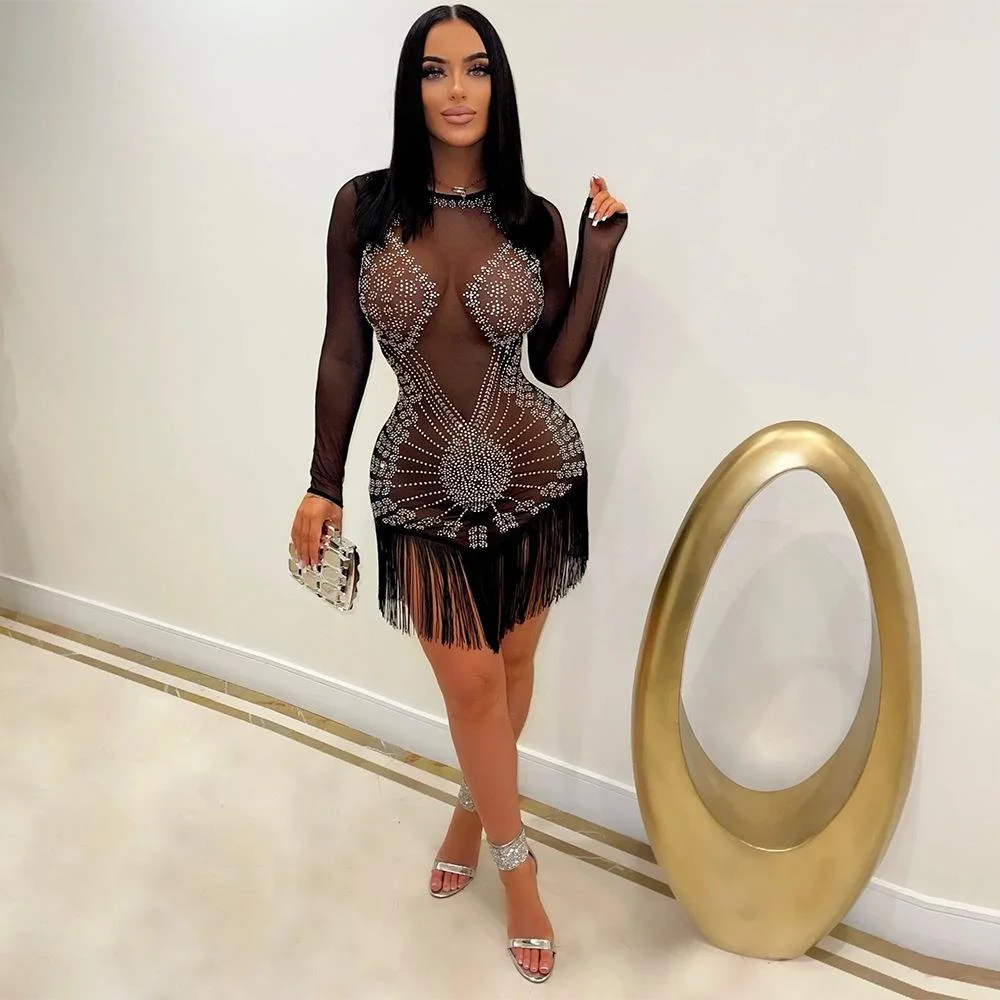 Neosepa-Round Neck Rhinestone Tassel Hem See Through Mini Dress