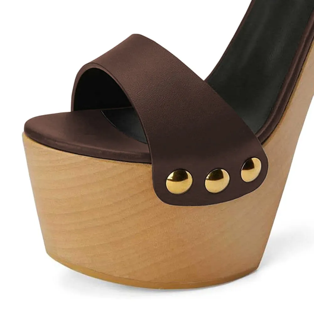 Brown Vegan Leather Ankle Strap Open Toe Studded Platform Clog Heels
