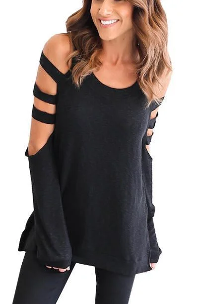 Round Neck Hollow Out Long Sleeves T-Shirts