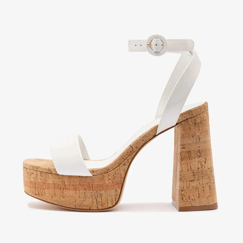 Fashion White Open Round Toe Platform Wide Strap Heeled Sandals