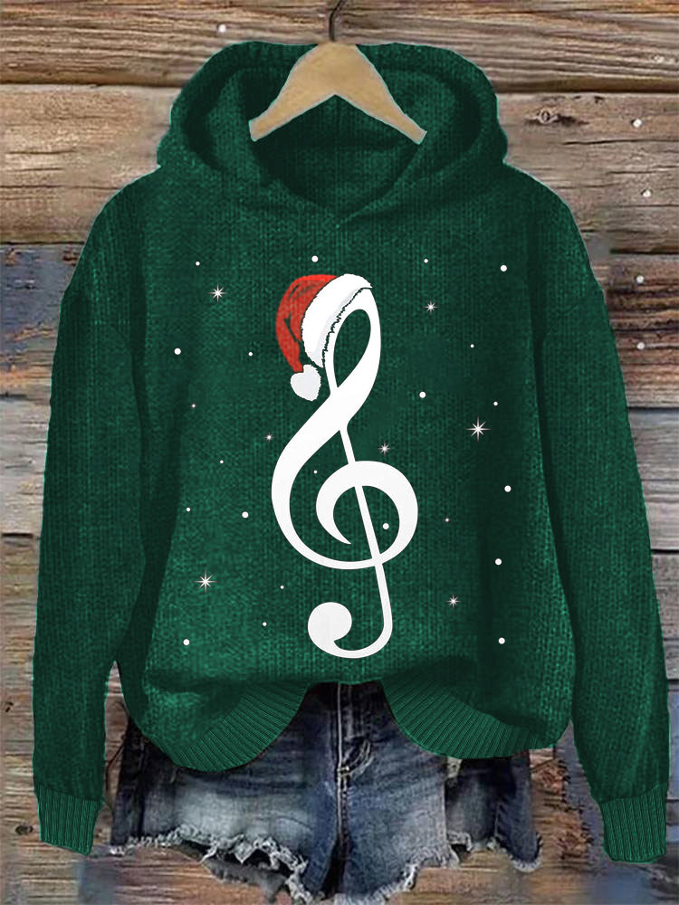 Merry Christmas Music Note Santa Hat Cozy Knit Hooded Sweater wearshes