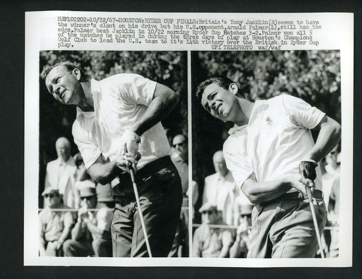 Arnold Palmer & Tony Jacklin 1967 Ryder Cup Press Photo Poster painting Houston Champions Golf