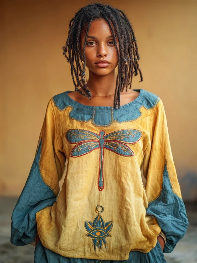 Egyptian Dragonfly Embroidery Pattern Women's Linen Loose Shirt