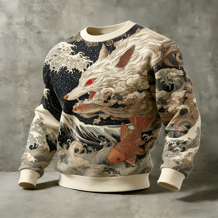 Men's Japanese-style Crew Neck Sweatshirt With Fox And Koi Fish Pattern