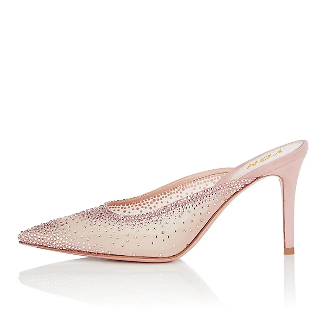 Pink Mesh Pointed Toe Rhinestone Embellished High Heel Mules