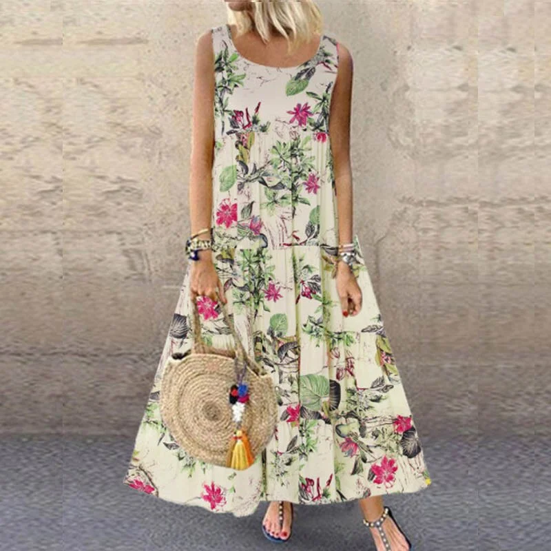 ELSVIOS Plus Size Women Floral Print Sleeveless Button Maxi Dress Elegant Bohemian Summer Long Dress Ladies O-Neck Vintage dress