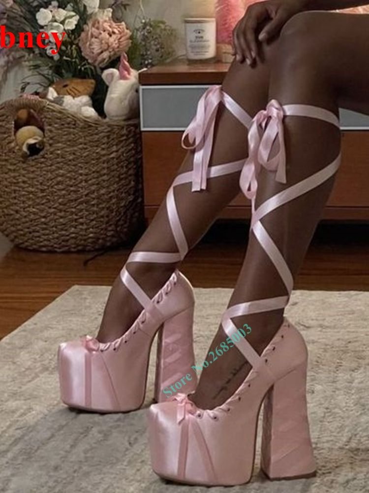 Sweet Pink Platform Lace Up Sandals Women Shoes Chunky High Heel Cross Tied Sandals Solid Bow Knot Sexy Summer Party Prom Shoes
