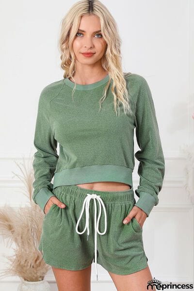 Round Neck Long Sleeve Top and Drawstring Shorts Lounge Set