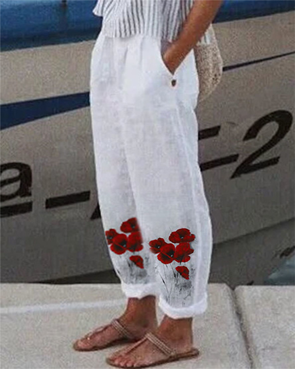 Casual Loosen Pockets Floral Pants