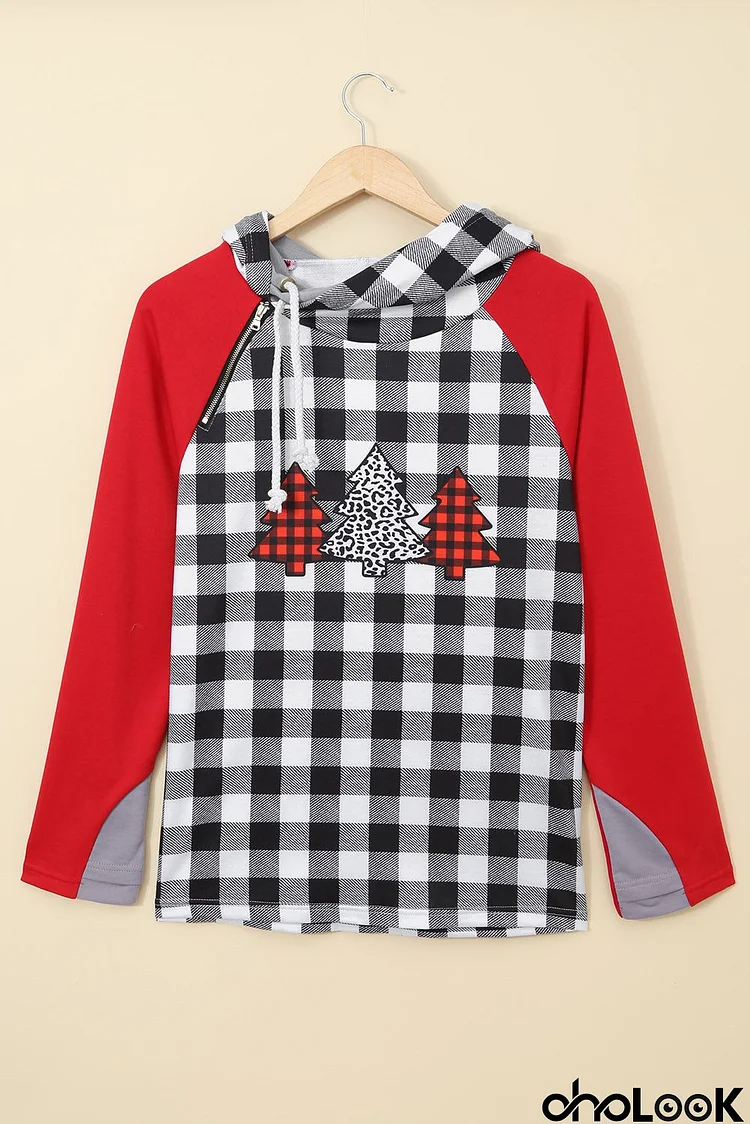 Red Christmas Tree Plaid Pattern Asymmetric Zip Hoodie