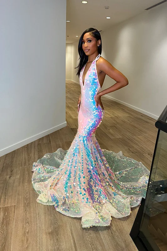 Daisda Halter Neck Sequins Sleeveless Mermaid Princess Prom Dress ...