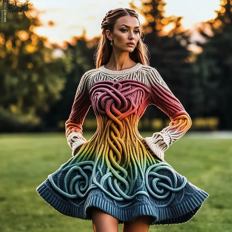 Utbros Women's Irish Celtic Knot Rainbow Knit Sweater Dress