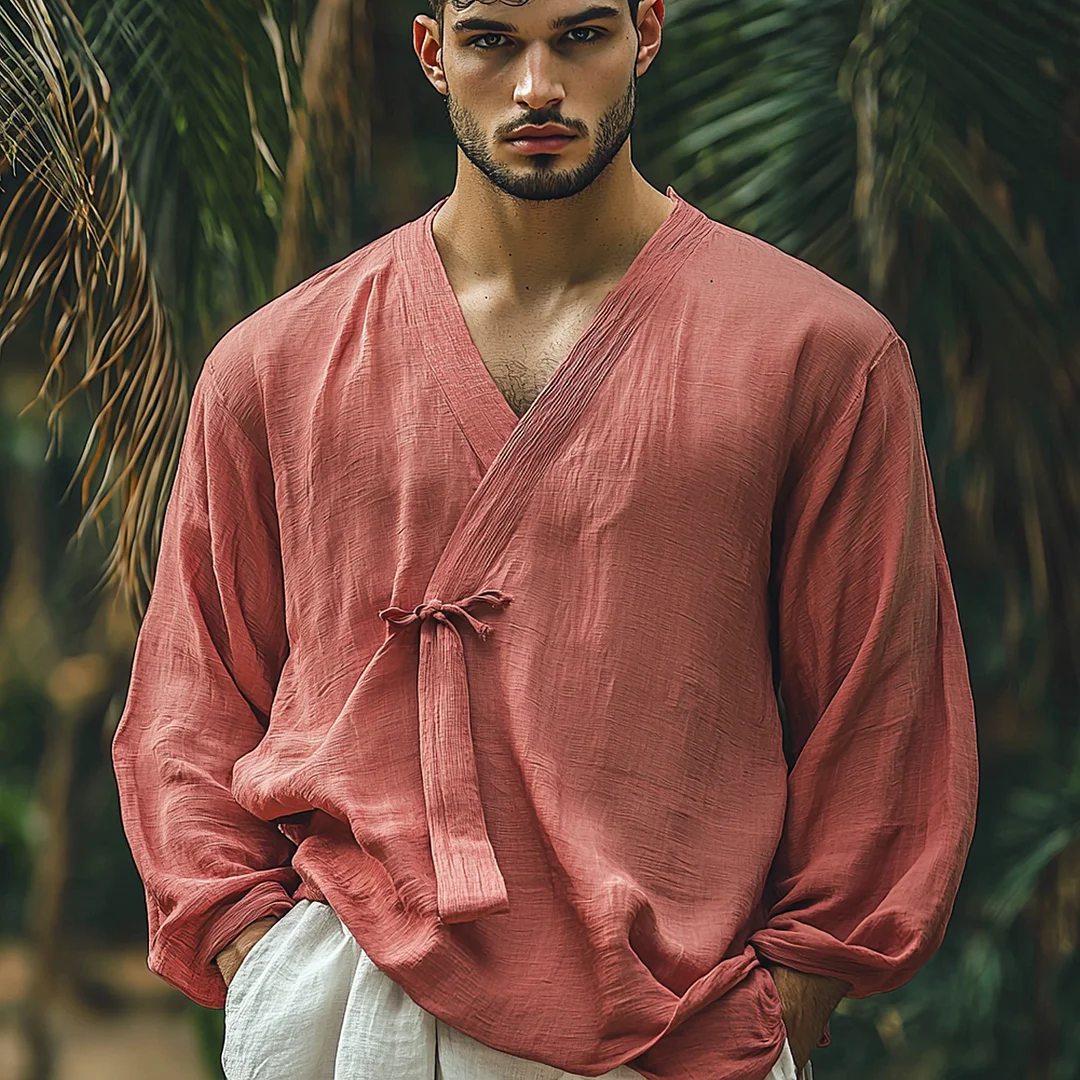 Men's Holiday Solid V-Neck Lightweight Long Sleeve Linen Shirt-inspireuse