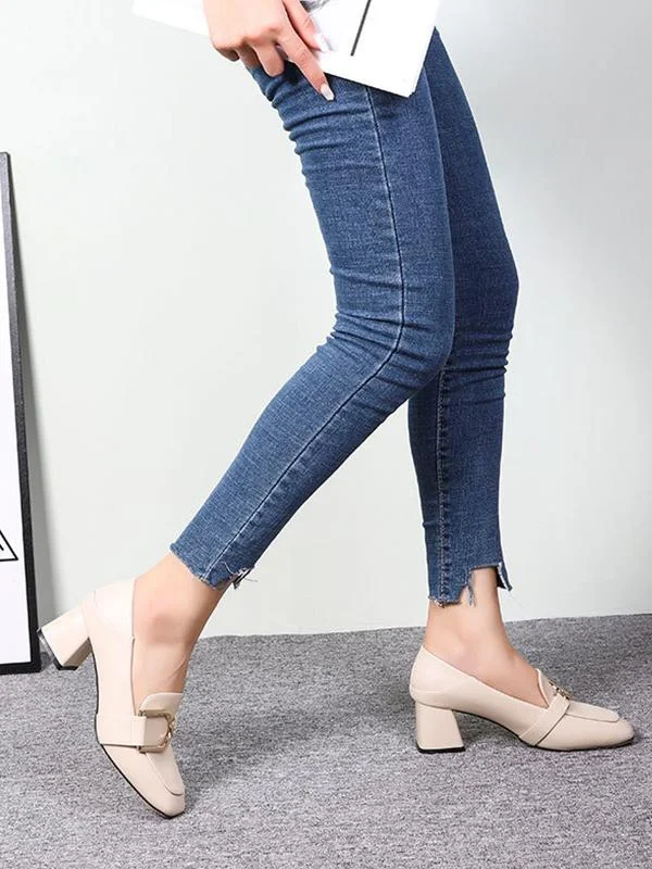 Metal buckle casual high-heel loafers thick heel square toe two-wear women's shoes