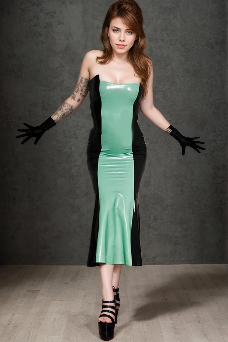 Women Latex Dress Low-Cut Strapless Elegant Jade Green & Black Mermaid Gown
