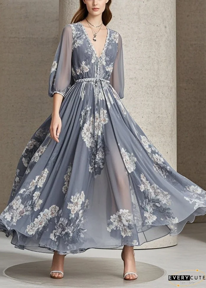 Elegant Grey Cinched Exra Large Hem Chiffon Dress Bracelet Sleeve