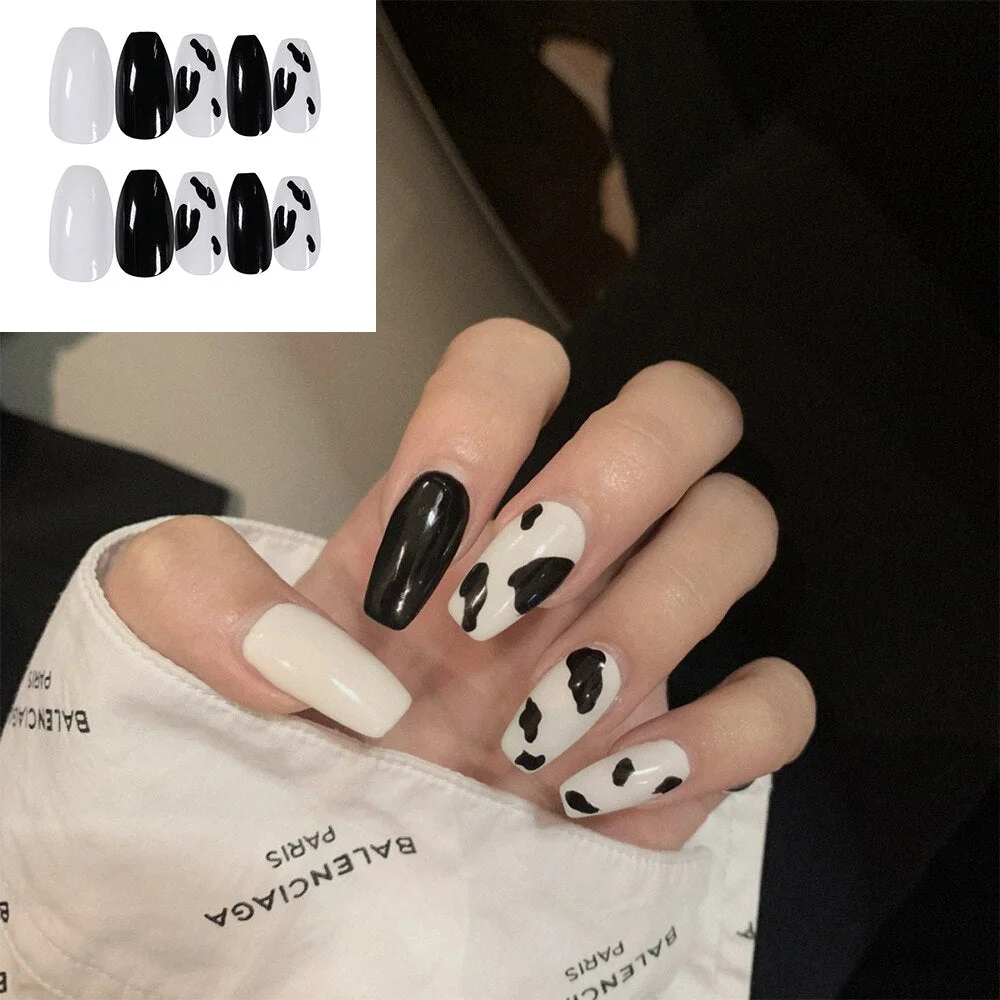 Detachable False Nail Black White Milk Cow Print Full Cover Fake Nails Press on Nail Decoration With press Glue DIY Nail Art NEW