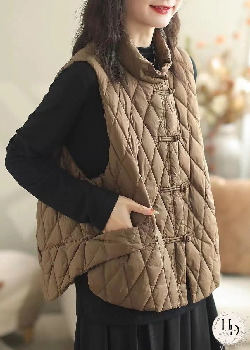 Women Coffee Button Pockets Patchwork Cotton Filled Waistcoat Sleeveless