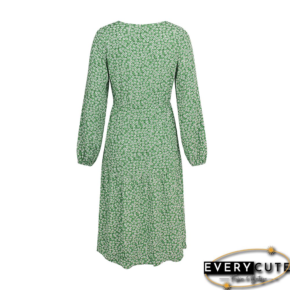 Light Green Floral Print V Neck Long Sleeve Dress