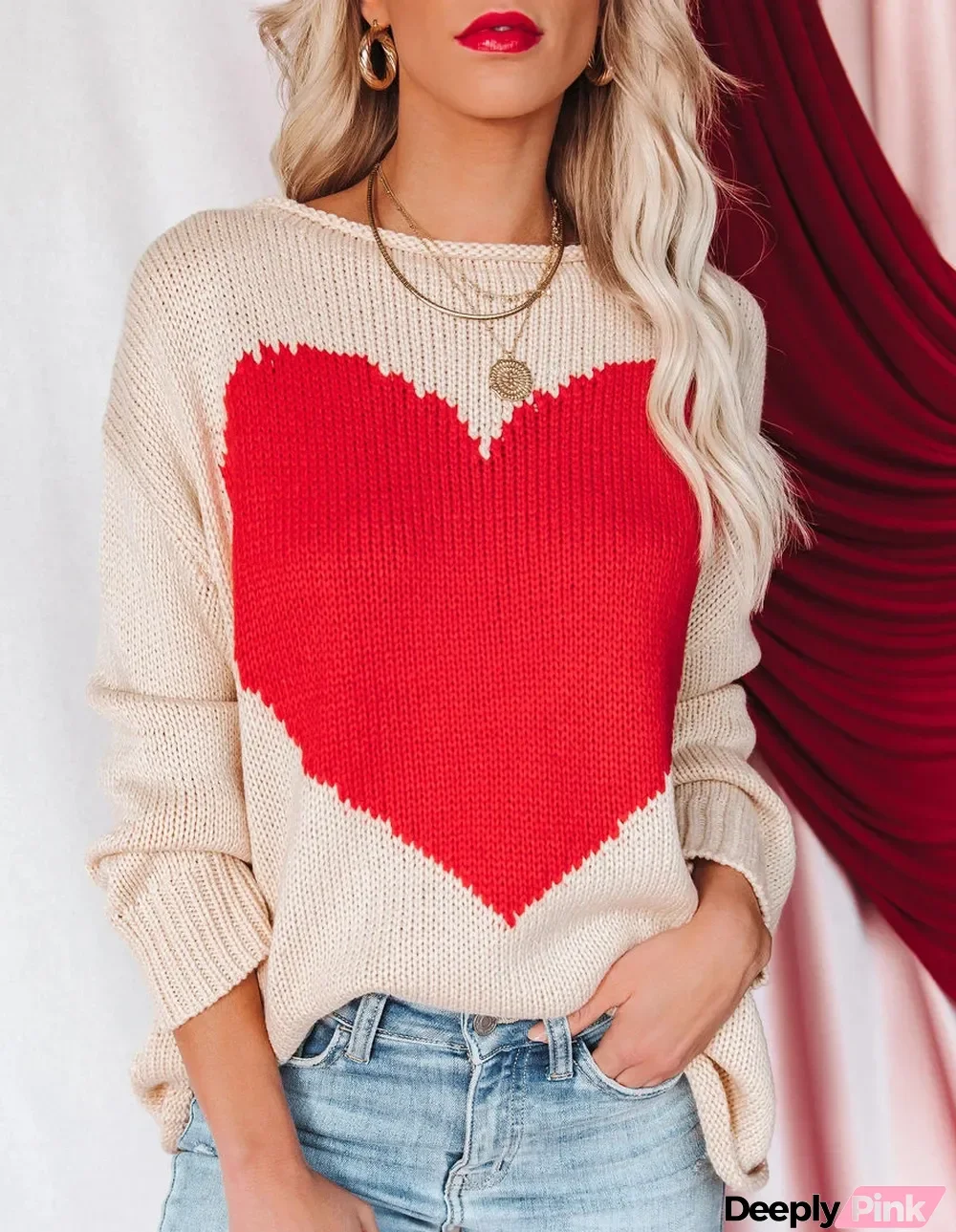 Casual O-Neck Long Sleeve Heart Pullover Sweater
