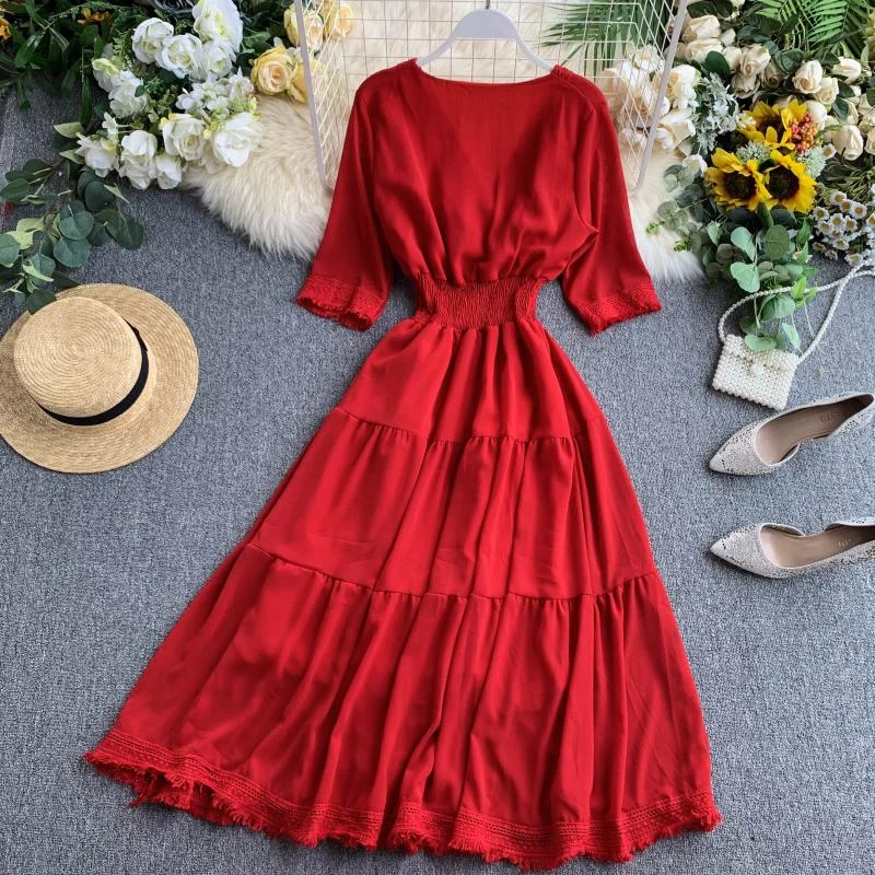 FTLZZ Red White Hollow Out Patchwork Dress Elegant V Neck Retro Women Midi Dress Summer Vintage A Line Beach Vestido