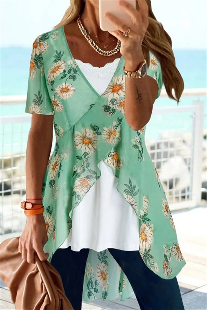 Plus Size Floral Colorblock Ruffle Two Piece Casual Blouses