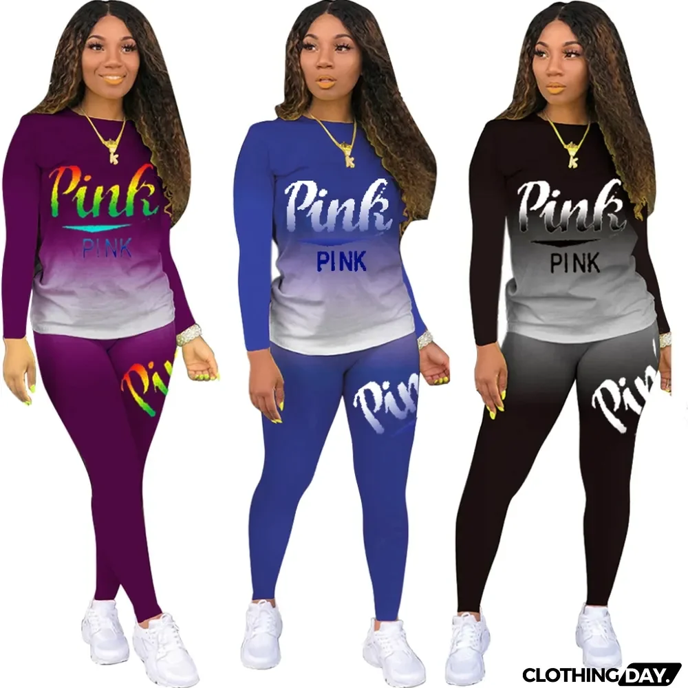 Autumn Print Gradient Matching 2PC Pants Set