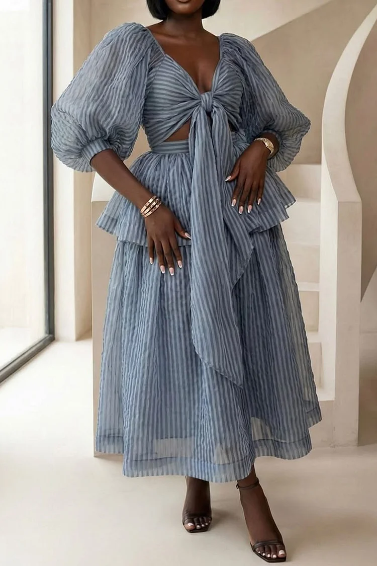 Plus Size Vacation Blue Striped Puff Sleeve Short Sleeve Ruffle Bow Tie Two Piece Skirt Sets [Pre-Order] 2024 - Xpluswear