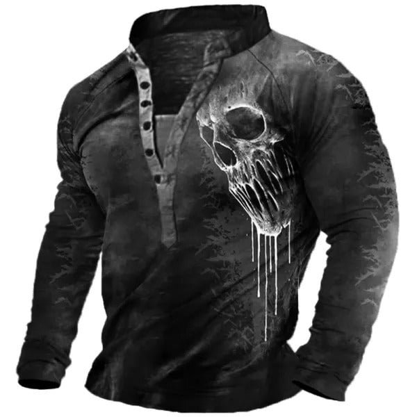 Mens Vintage Skull Head Long Sleeve ZipTie Classic Button-Down Pullover