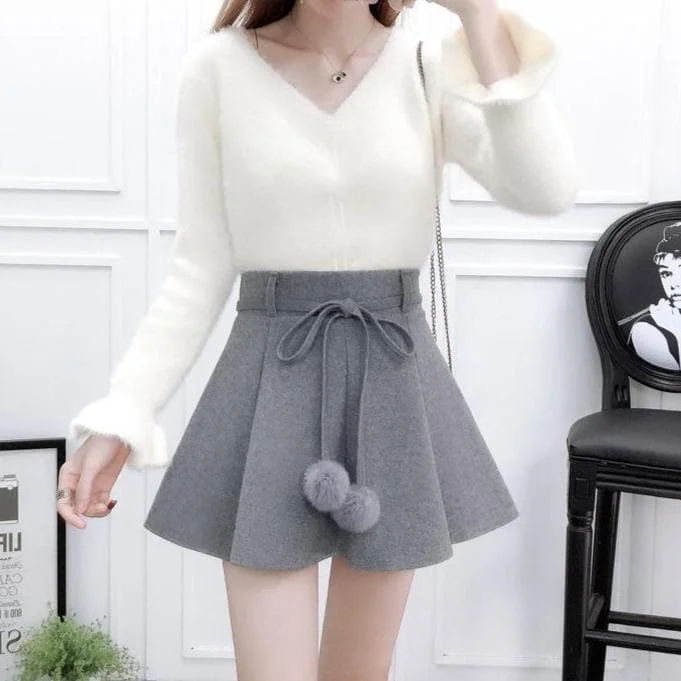 Black/Grey Sweet Plush Ball Woolen Skirt SP13380