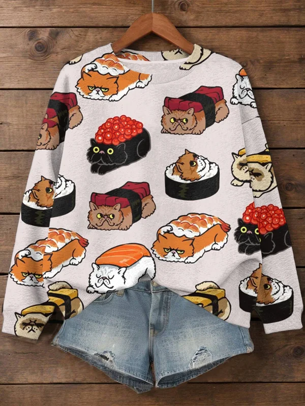 Women's Sushi Cat Japanese Art Print Casual Sweatshirt