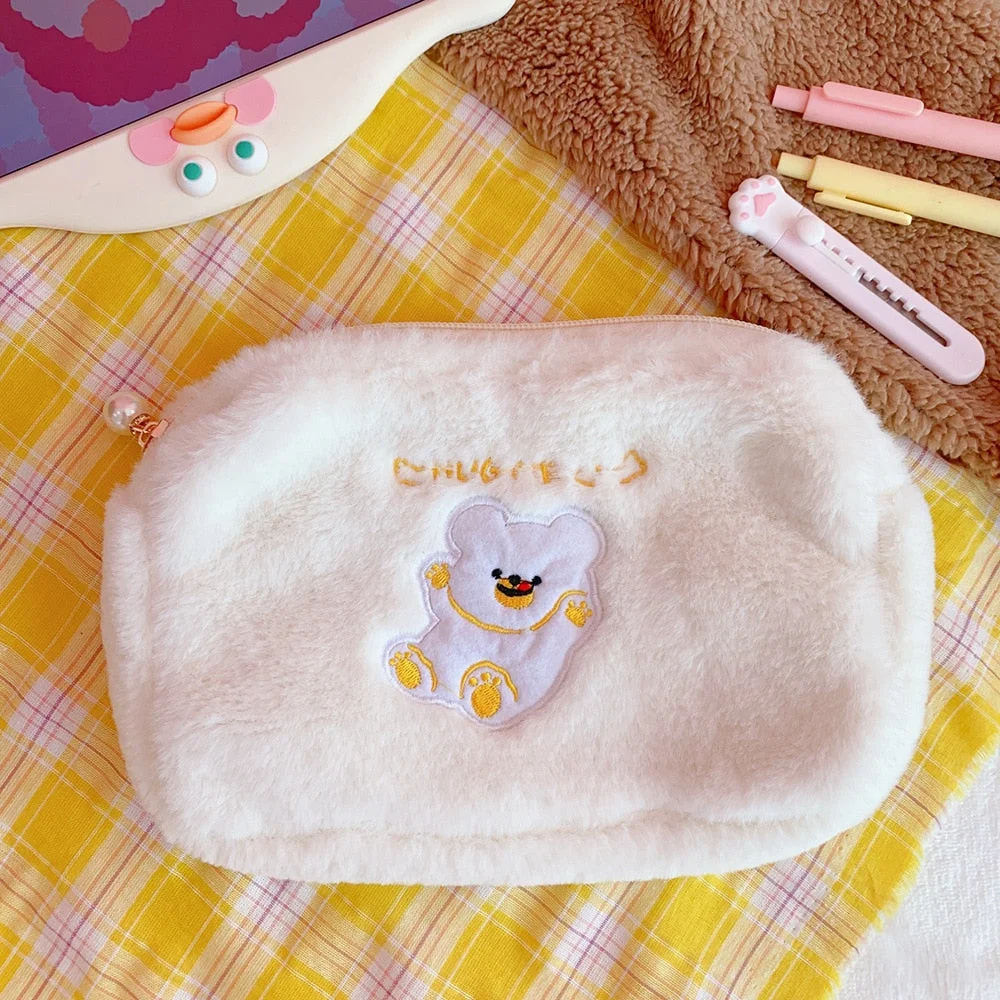 W&G Ins Japanese Cartoon Bear Embroidery Plush Bag Korean Version Ins Handbag Daily Necessities Storage Bag Handbag Hand