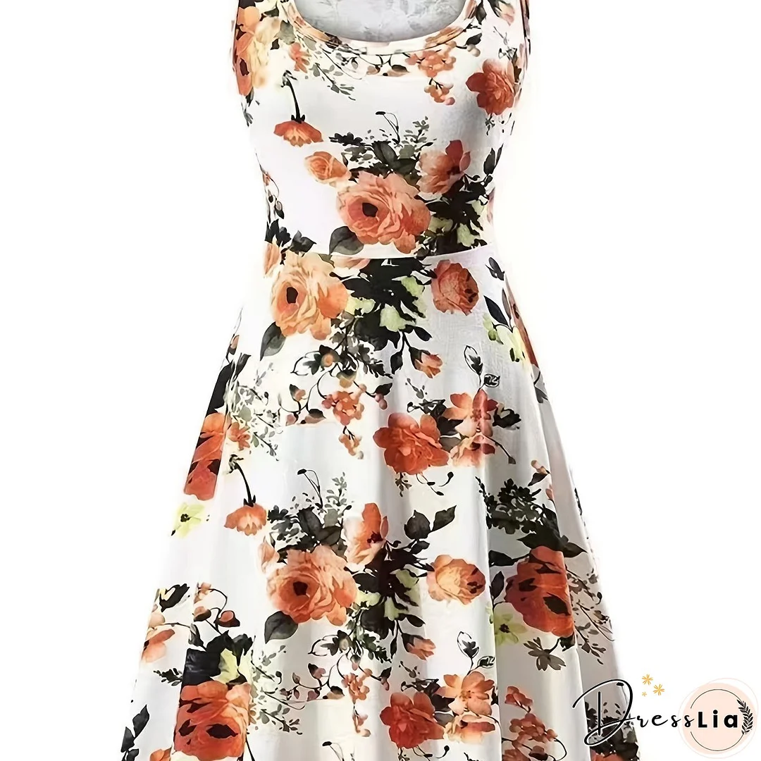 Plus Size Elegant Dress, Women's Plus Floral Print Round Neck Medium Stretch Tank Dress