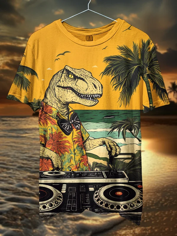 Men's Dinosaur DJ Beach Sunset Scenery Art Print T-Shirt