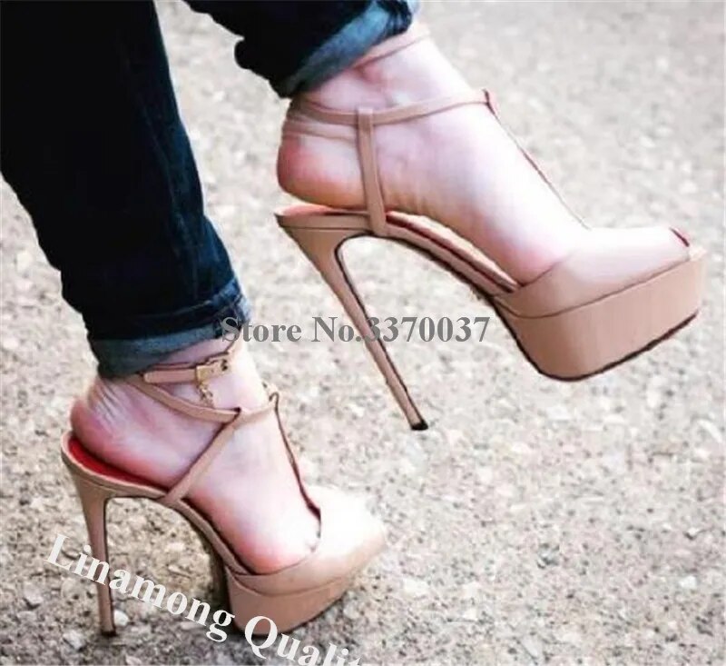VCSHOES Peep Toe Nude Patent Leather High Platform Stiletto Heel Sandals T-straps Cross High Heels Dress Shoes