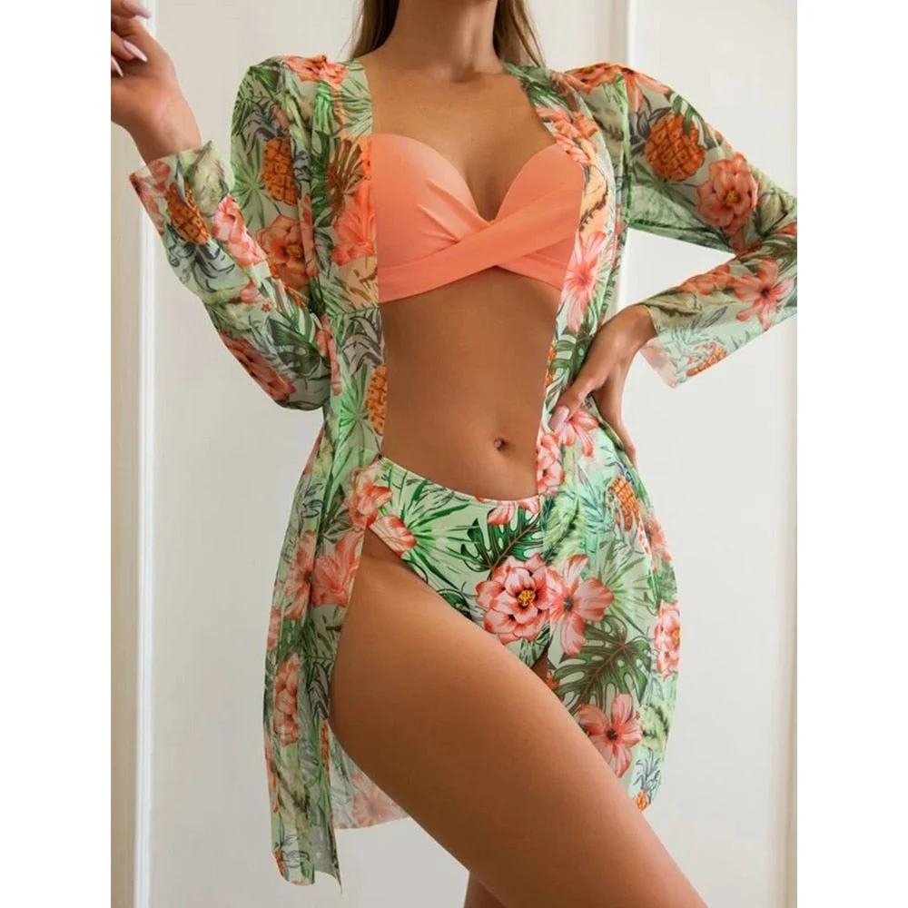 2022 Sexy Bikinis And Cover Set Women Swimsuit Printed Swimwear High Waist Summer Strappy Bathing Suit Beach Wear Biquini Female