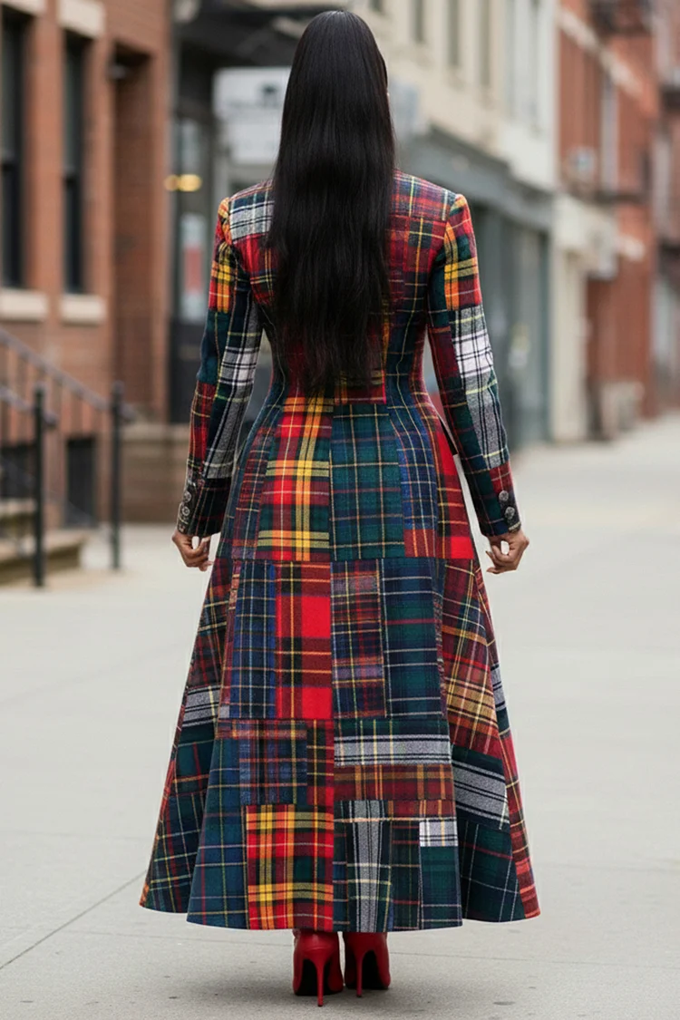 Plaid Patchwork Peak Lapel Collar Double Breasted Long Coat-Red [Pre Order]