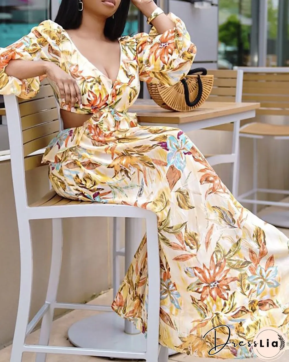 Leaf Floral Print Puff Lantern Sleeve Maxi Dress