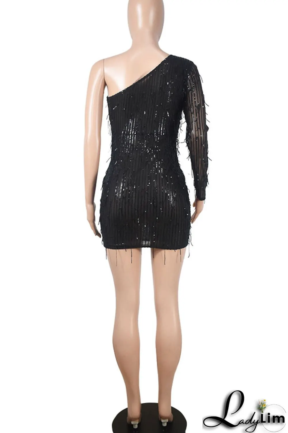 Black Sexy Solid Sequins Patchwork Oblique Collar Pencil Skirt Dresses