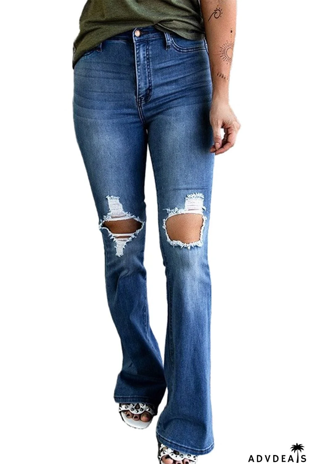 High Waist Hollow-out Ripped Flare Jeans
