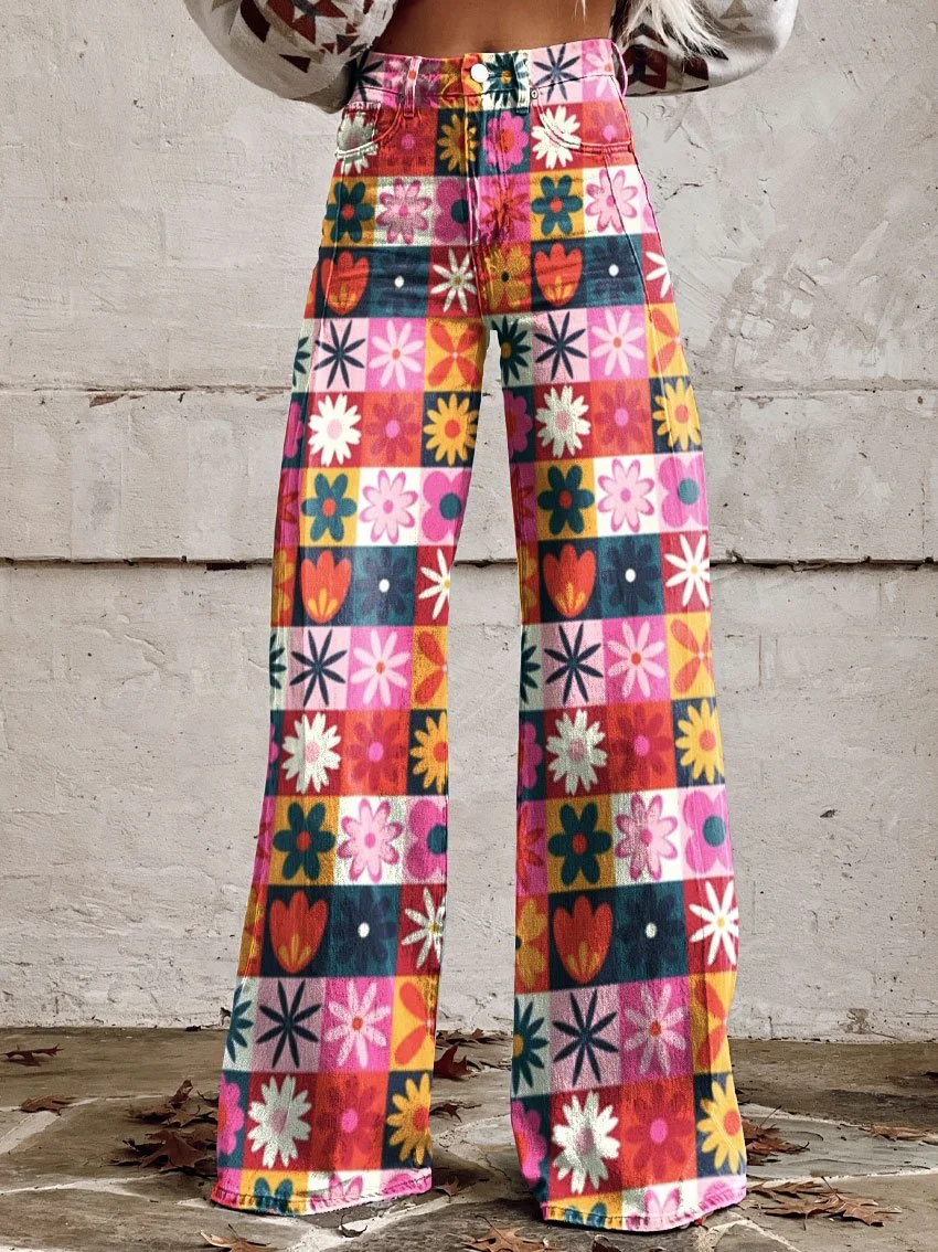 Women's Vintage Flower Painted Repeating Pattern Print Casual Wide Leg Pants