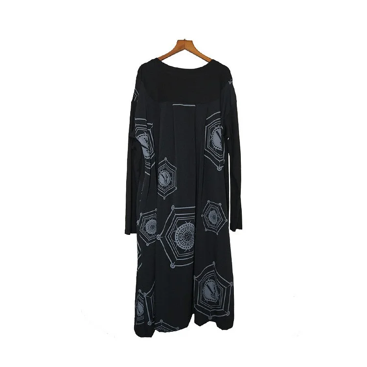 Casual Loose Solid Color Crewneck Asymmetrical Hexagon Pattern Printed Long Sleeve Dress