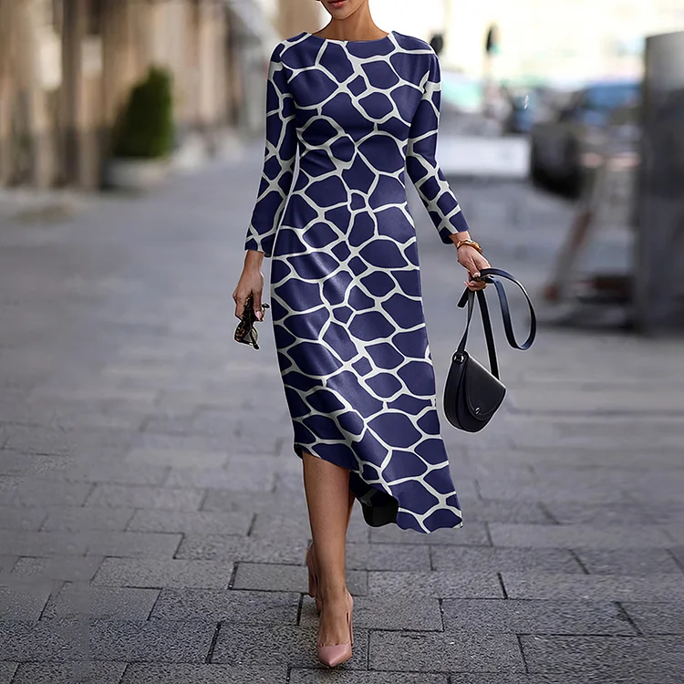 Vefave Fashion Contrast Print Long Sleeve Midi Dress