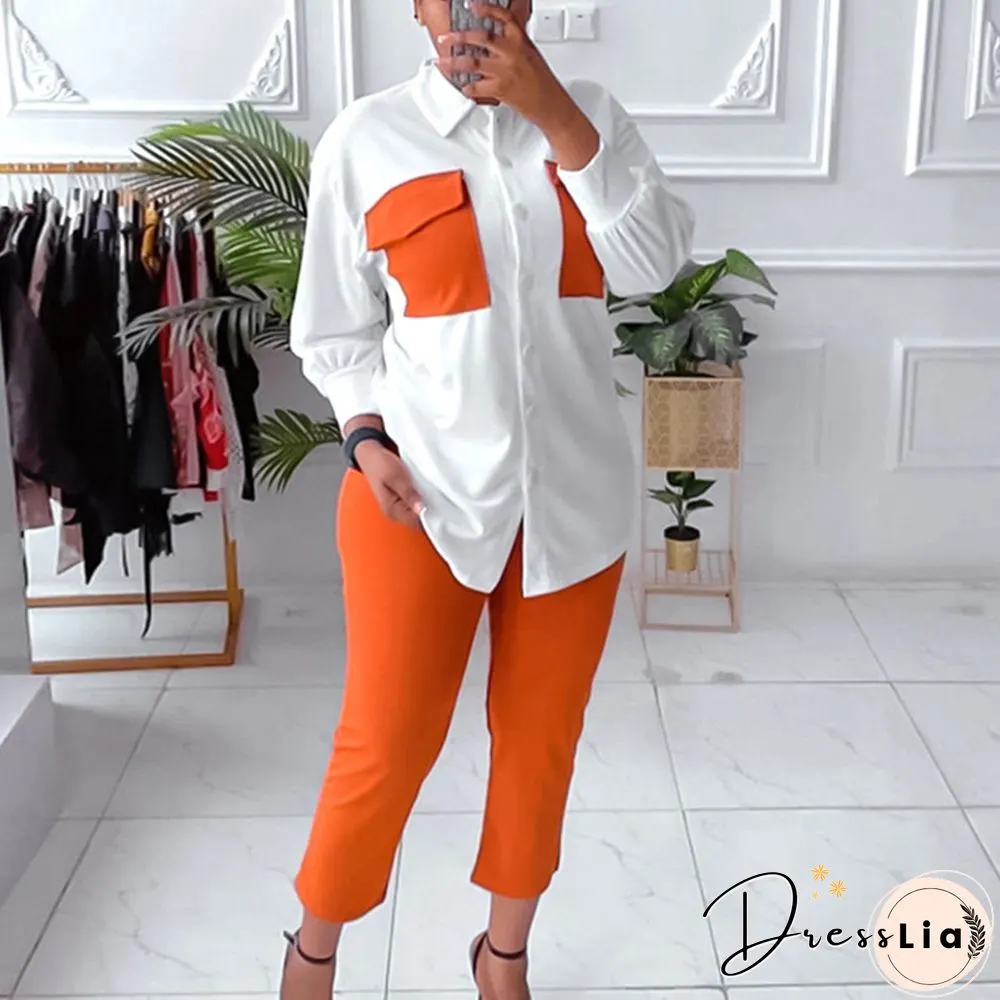 Fashion Contrasting Colors Patchwork Set 2pc Set Autumn Lapel Button Shirts & Slim Long Pants Suit New Casual Office Long Sleeve