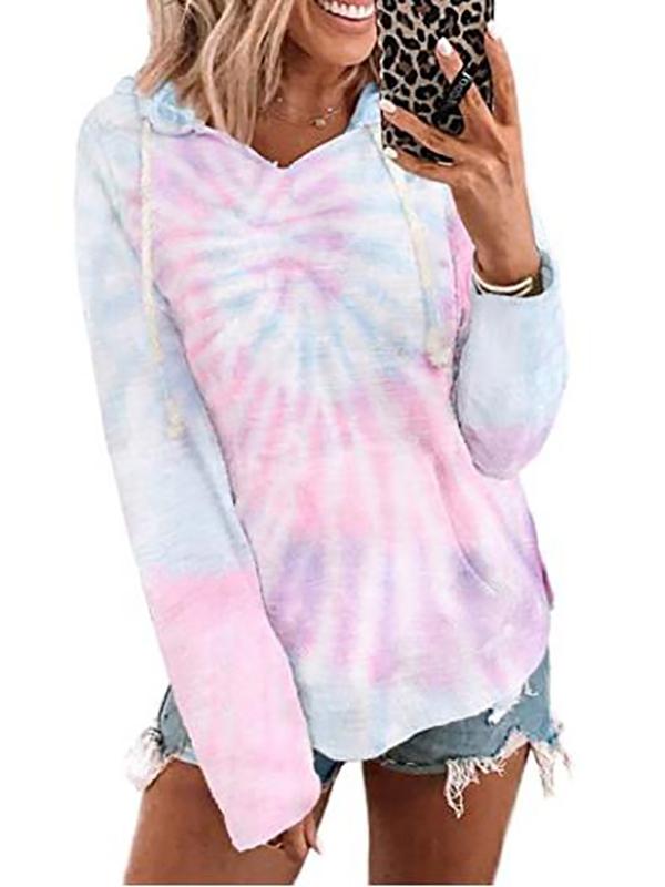 Women Long Sleeve V-neck Hooded Printed Colorblock Sweatshirts Tops
